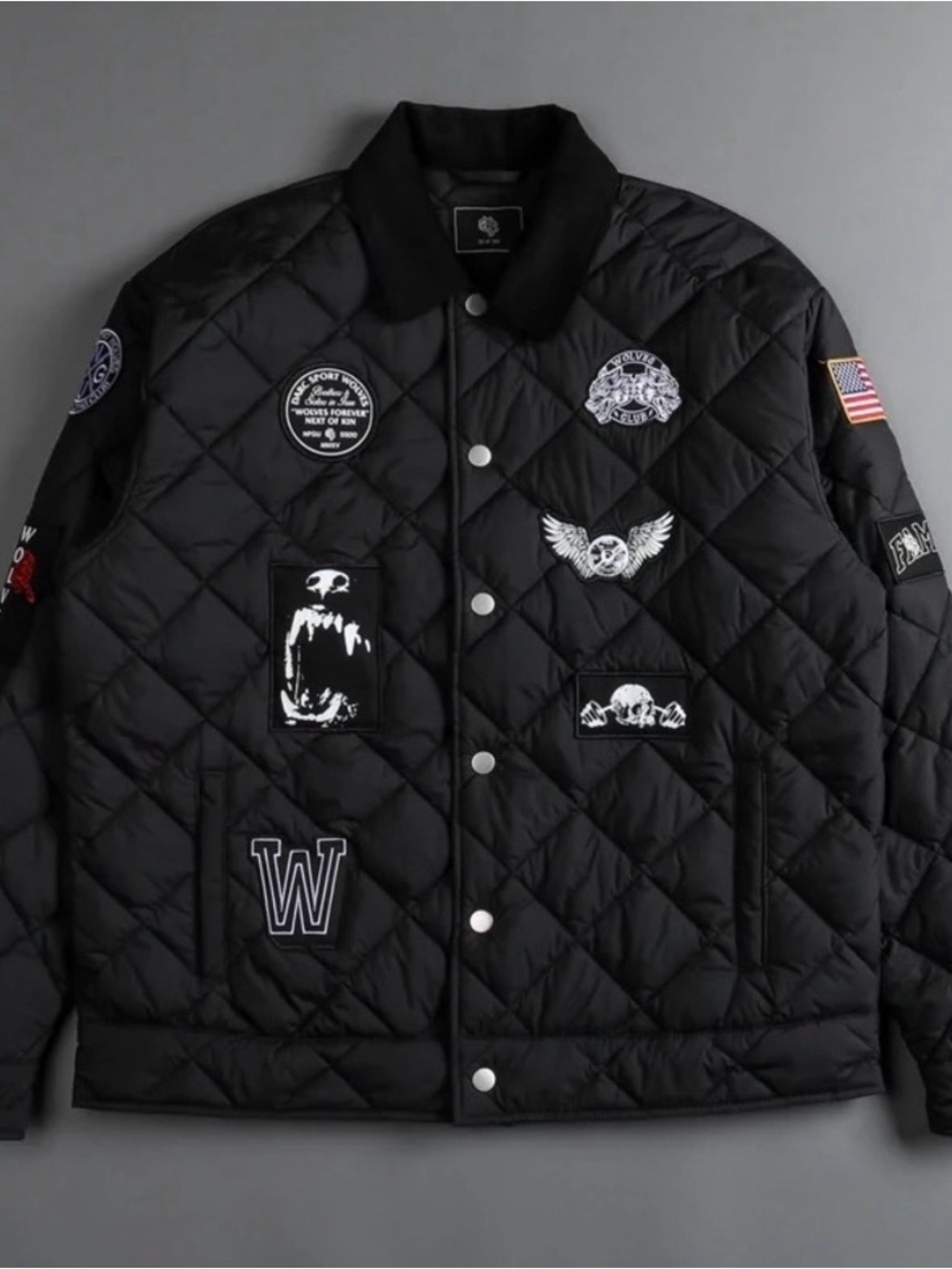 DARC SPORT WOLVES GAS Black Quilted Unisex Snap Front Patches Jacket Size S